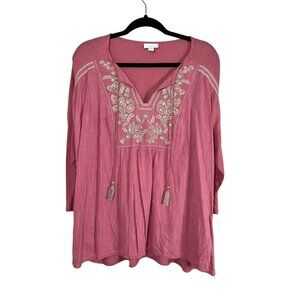 J Jill Floral Embroidery Top XL Pink Boho Western Feminine Hippie Tassel Classic